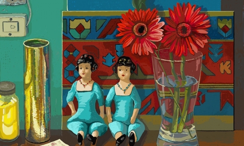Dos Muñecas con Flores / 2013 - Gyclee s/ papel algodón - 8x 11"