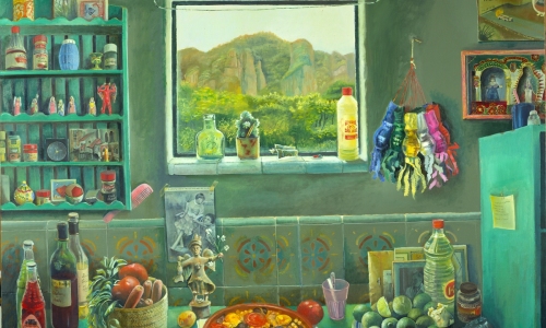 Green Kitchen with Baked Rice / 2000 - oil on linen - 46 x 54"