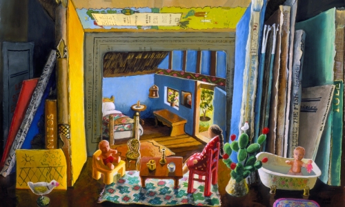 Scene with Books and Luminous Photo / 2001 - oil on linen on board - 8 3/4x11 3/4"