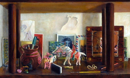 Shelf with Toys and Photo / 1997 - oil on linen on board - 11 x 17"