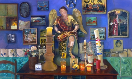 Table with Angel on Blue Wall / 1996 - oil on linen - 46 x 54"